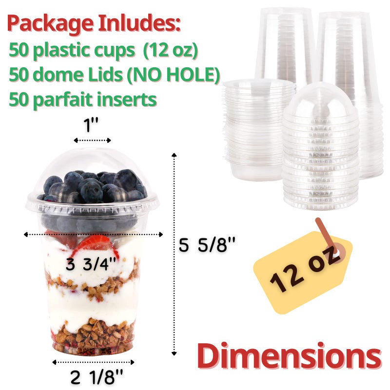 Aatriet 12 oz Clear Plastic Parfait Cups with Insert 3.25oz & Dome Lids No Hole - (50 Sets) Yogurt Fruit Parfait Cups for Kids, for Dips and Veggies, Take Away Breakfast and Snacks. No Leaking - Image 3